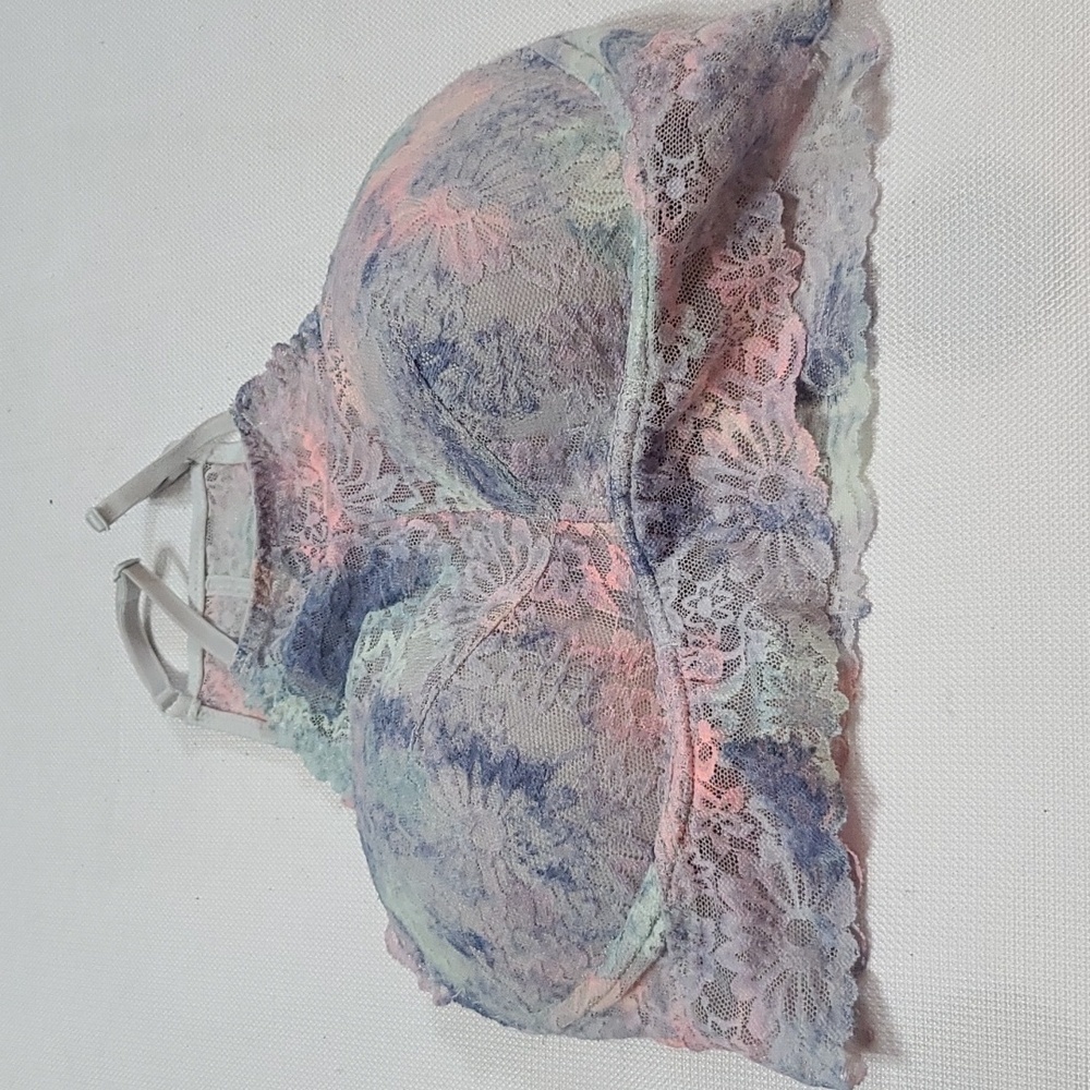 PINK Victoria's Secret Lacy‎ Bralette Pink Blue Silver Underwire Halter Sz S EUC